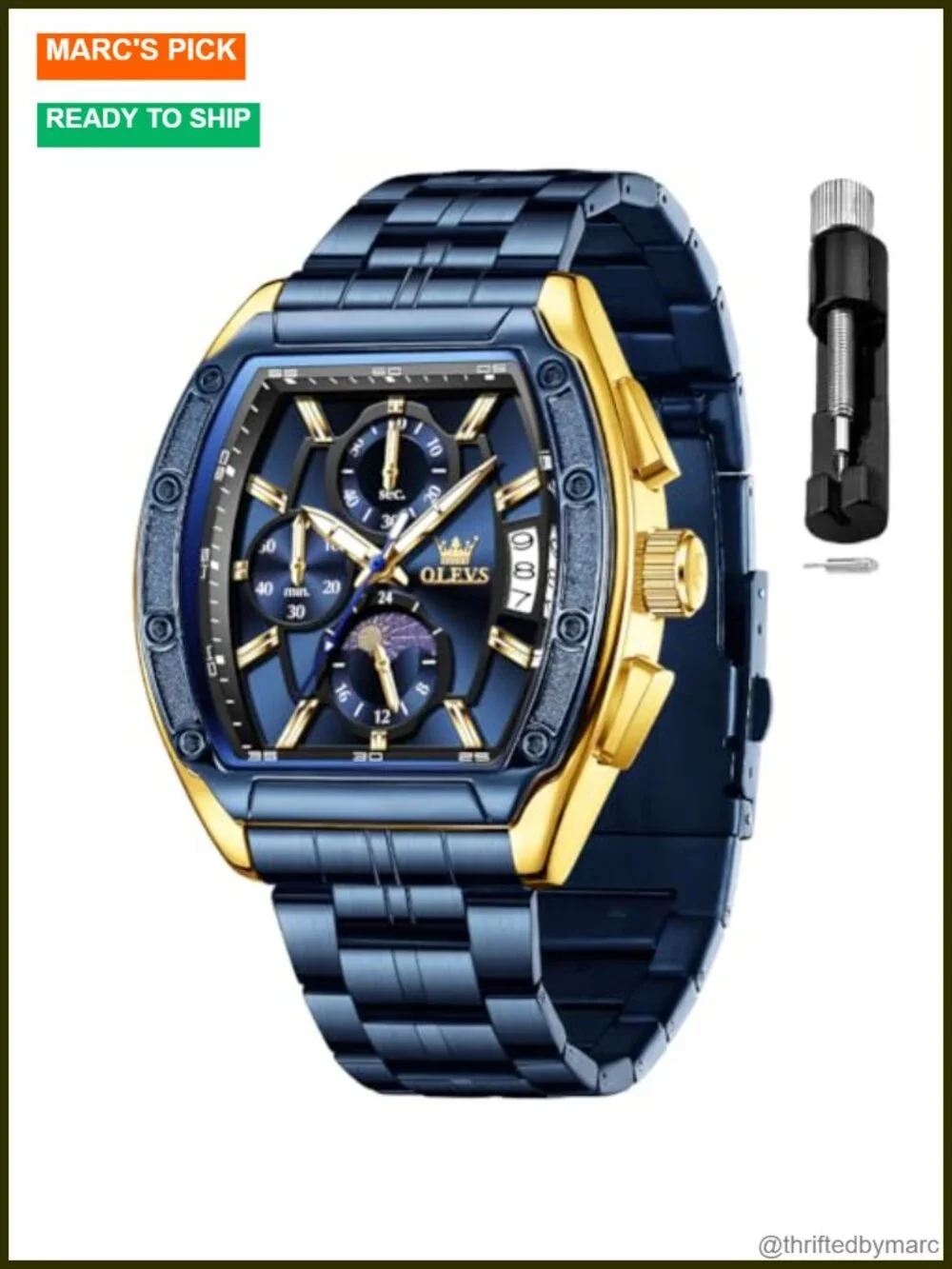 Men's Square Chronograph Quartz Watch with Stainless Steel or Leather Band Date